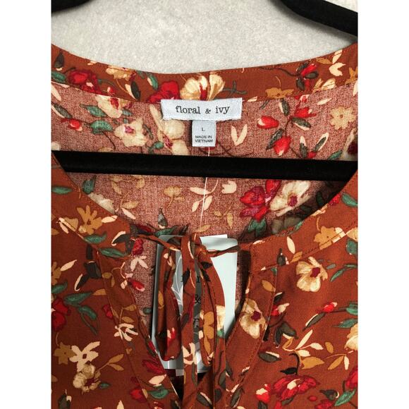 Floral & Ivy Flounce Sleeve Top Women's Large Floral Tiered Brown NEW - Picture 3 of 7